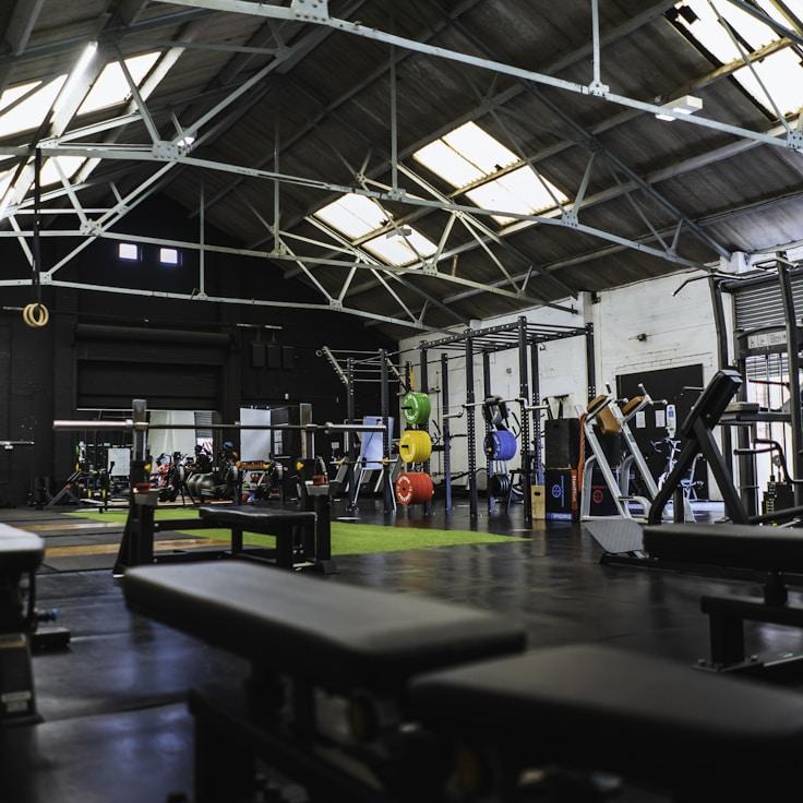 Weight training area with free weights and machines